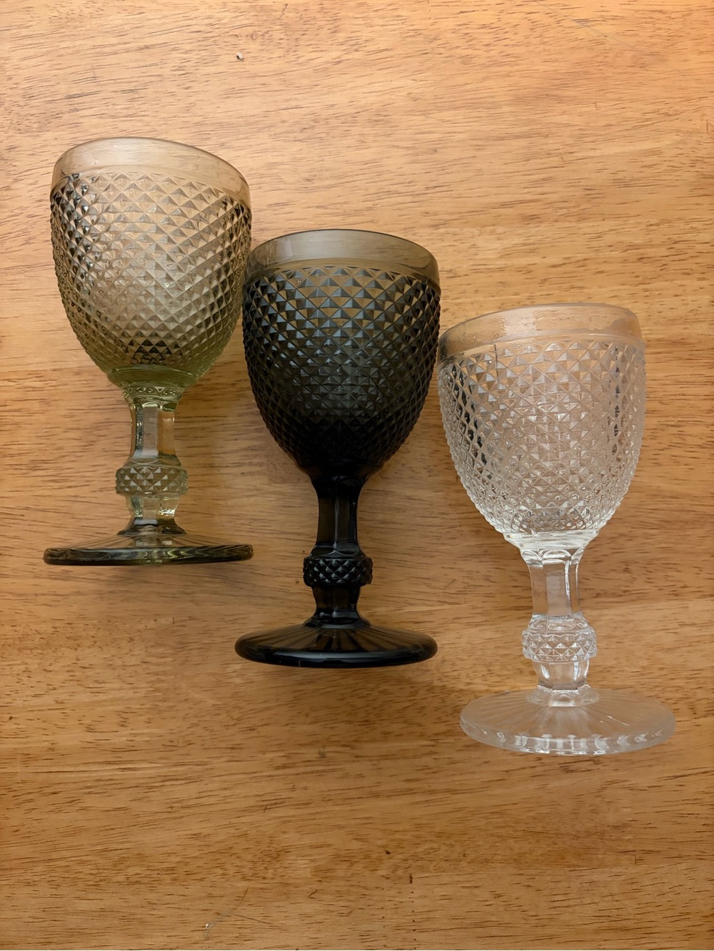 Vintage Cut-Pattern Goblet Glasses - Clear, Olive, and Smoke